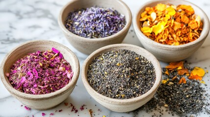 Variety of colorful dried herbs and flowers in small bowls on marble surface