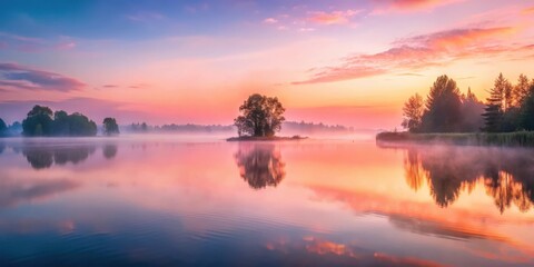 Obraz premium Misty pink sunrise casting a tranquil glow over a serene lake, peaceful atmosphere
