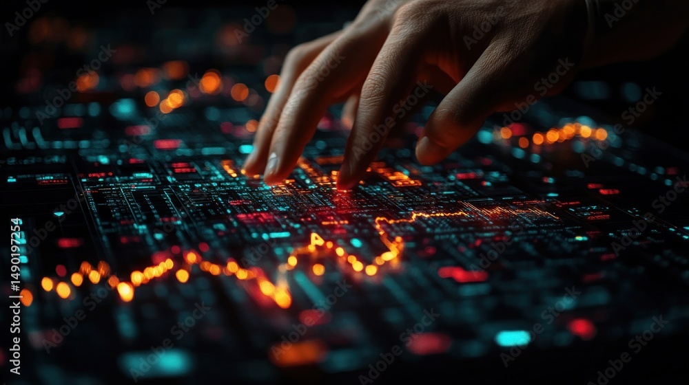 Poster digital hand interacting with glowing data streams
