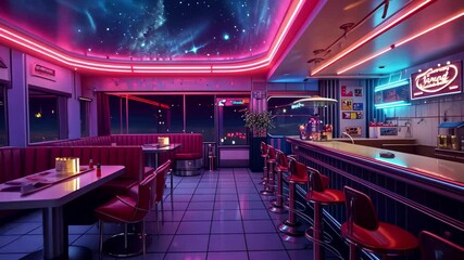 Vibrant diner interior with neon lights and starry ceiling in a futuristic setting at night
