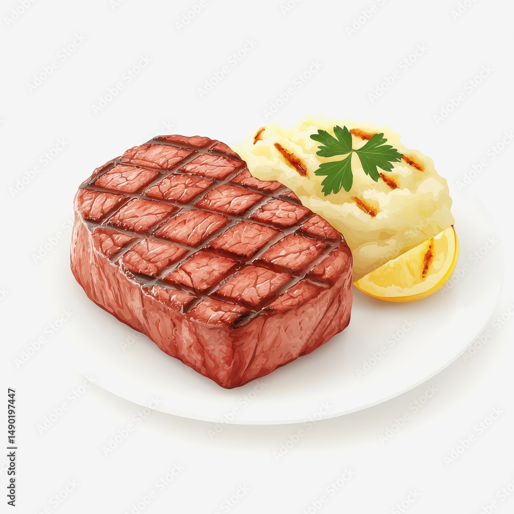 Poster perfectly grilled filet mignon with satisfying potatoes artistically plated and captured from a top 