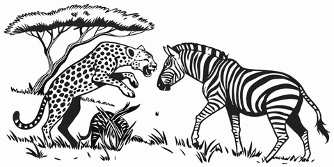 Graphic illustration of a cheetah stalking a zebra in an african savanna scene