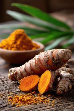 A close-up of fresh turmeric root (kunyit) with its vibrant orange-yellow interior exposed by partial peeling