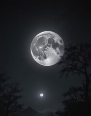 Low-hanging full moon casts eerie glow on dark, starless night ,  silhouette,  supernatural,  magic