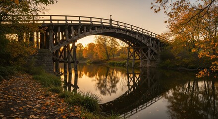Fototapeta premium Autumnal Wooden Bridge Reflecting in Calm Water