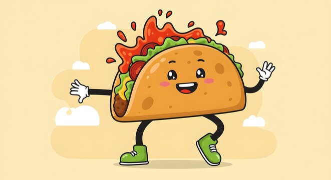 Cartoon taco character with arms, legs, shoes, and a happy face on a light background