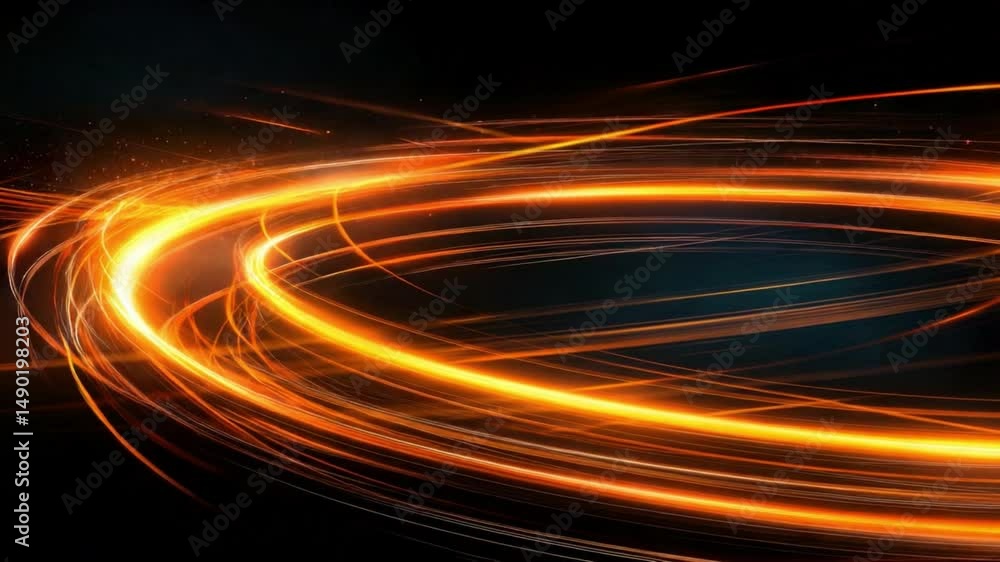 Poster bright circular light trails with black background creating dynamic abstract design and energy flow 