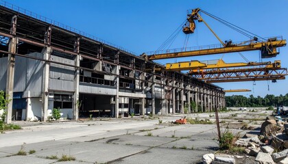 Abandoned Refrigerated Warehouse with Overhead Cranes Under Sun