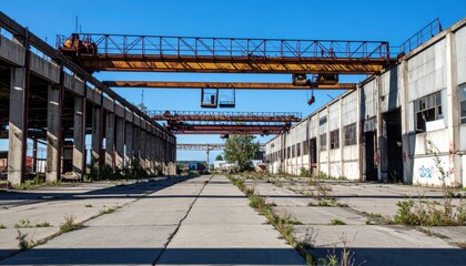 Fototapeta premium Abandoned Refrigerated Warehouse with Overhead Cranes Under Sun