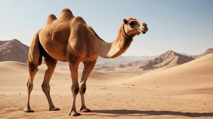 A majestic dromedary camel stands in the golden desert sands under a clear blue sky.