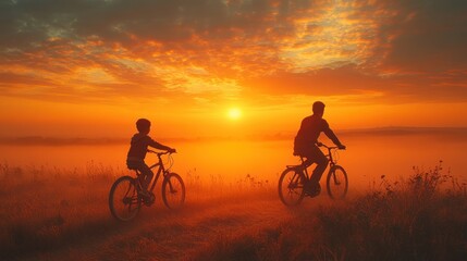 Fototapeta premium Father and Son Cycling at Sunset