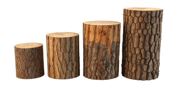 set of standing thick wood logs on white background, PNG