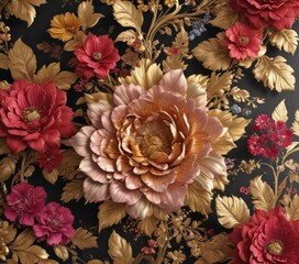 Opulent floral wallpaper; gold leaf details, vibrant blooms , tulip, scroll, acanthus