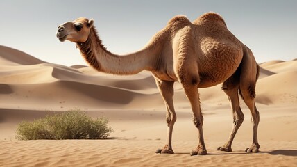 A solitary dromedary camel stands gracefully in a vast desert landscape, showcasing its unique features under the bright sun.