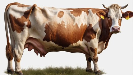 A close-up of a brown and white dairy cow standing gracefully on a grassy field, showcasing its gentle demeanor.