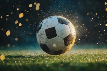 Fototapeta premium Dynamic shot of a soccer ball in mid-air surrounded by water droplets and light bokeh