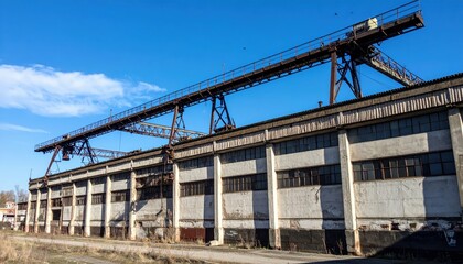 Antique Warehouse with Overhead Crane in Harsh Midday Sunlight