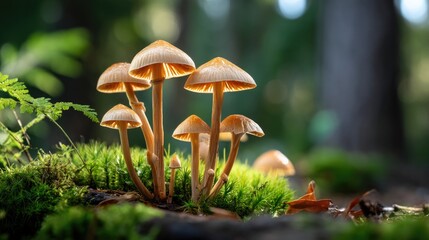 Fototapeta premium A close-up of fresh psilocybin mushrooms growing naturally on a forest floor