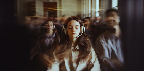 Obraz premium Vibrant Energy: A Group of 23 Year Old Students Enjoying Music with Motion Blur Effect. Generated image
