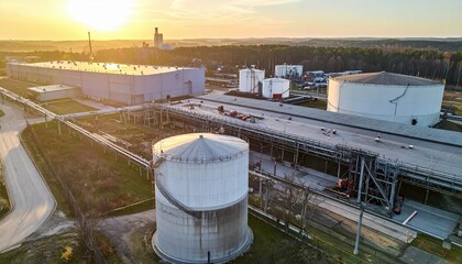 Automated Guided Vehicles in Chemical Storage Warehouse at Sunset