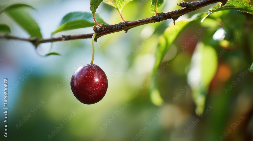 Poster a single ripe cherry hangs from a branch with vibrant green leaves set against a soft blurred backgr
