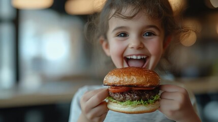 Happy child eating cheeseburger closeup portrait food photography