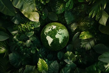 Eco-friendly earth concept represented by a green globe surrounded by lush tropical foliage