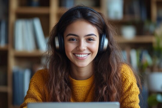 Happy latin hispanic girl college student wearing headphones watching distance online class, remote university webinar or having talk on laptop video conference call virtual meeting at home or