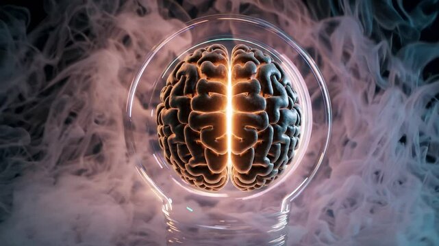 Lightbulb surrounds glowing brain in smoke. Intelligence radiates from brain with power. Concept of thought and lightbulb meets creativity. Brain filled with energy glows in smoky concept.