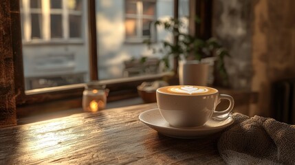 Warm beverage resting on a wooden table by a window.