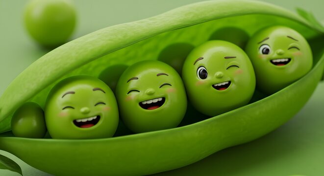 A close up of a pea pod with four cartoon peas inside with happy facial expressions