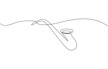 Obraz premium Continuous line drawing of saxophone vector illustration, One Continuous line drawing musical instrument saxophone on white background. One line Saxophone, Music jazz instrument in minimal style.