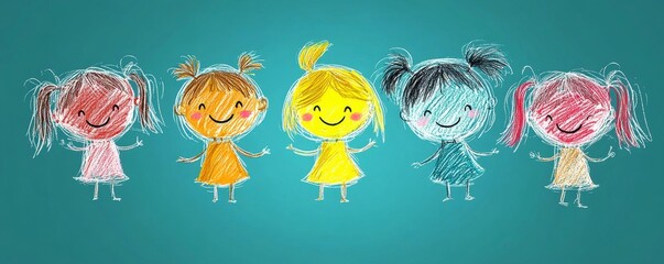 Six happy doodle kids in a row, outline