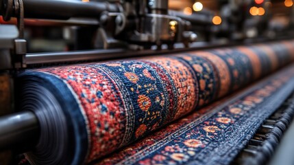Textile printing process featuring vibrant patterns and colors on fabric roll