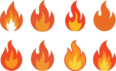 Fire Flame Icons Vector Set, Burning Fire Symbol Icons Vector Set, Heat And Burn  Icons Vector Set