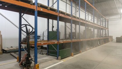 Antique Pallet Racking System with Packaging Machinery in Dusty Warehouse