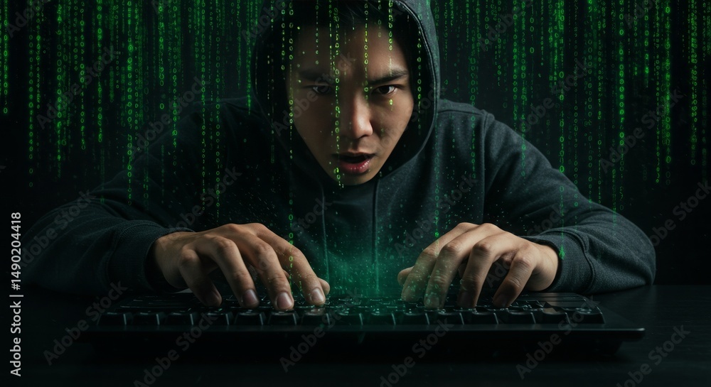 Poster focused hacker in hoodie with glowing keyboard against digital matrix