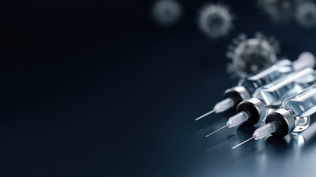 Multiple syringes with vaccine doses arranged row reflective surface, with blurred virus icons