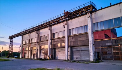 Antique Storage Facility with Overhead Cranes at Dusk