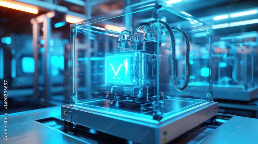 Poster futuristic 3d printer creating object, lab