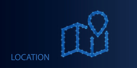 Low poly location icon on dark blue gradient background. Abstract polygonal map pin symbol for navigation, GPS apps, geolocation services, and digital travel platforms.