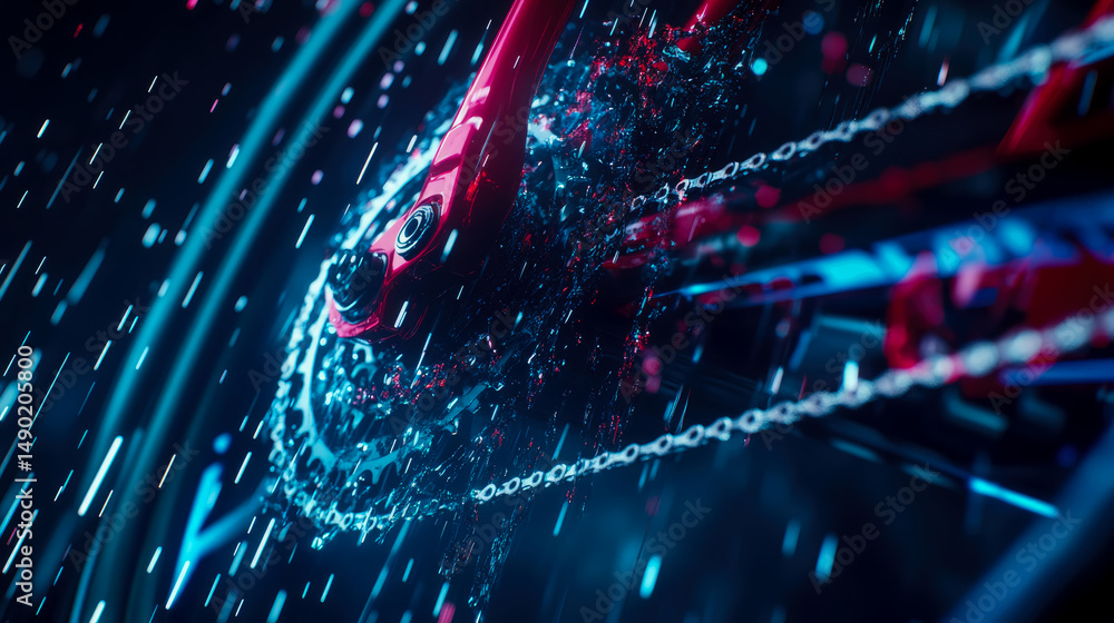 Aufkleber mechanical abstract: close-up of red bicycle sprocket and chain with motion light streams