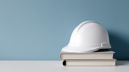 White safety helmet placed top of stacked books against blue background, symbolizing safety