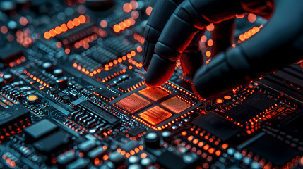 A gloved hand adjusts a glowing microchip on a futuristic circuit board, highlighting advanced technology and electronics.