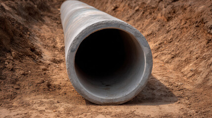 Large concrete pipe lying trench with exposed soil both sides used for underground drainage