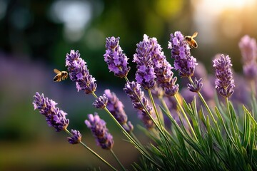 Obraz premium A close-up of blooming lavender stalks swaying gently in a sunlit meadow