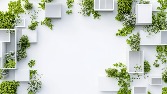 Modern minimalist design with greenery and white boxes in a fresh studio environment