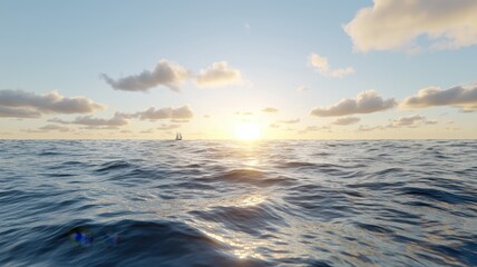 Obraz premium Golden Ocean Sunset with Sailboat on the Horizon ocean sunset horizon sailboat sea water waves sky