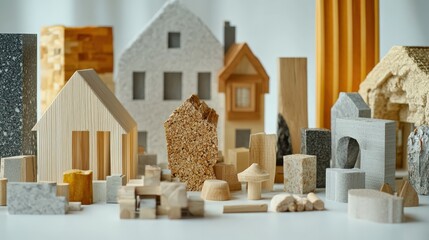 Variety of geometric wooden and stone building models for design projects