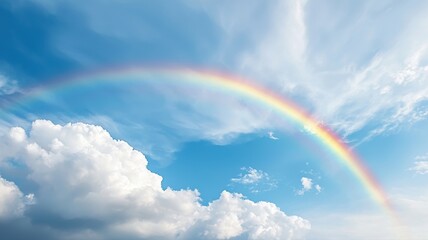 Vibrant Rainbow Across Blue Sky with Fluffy Clouds rainbow sky clouds vibrant blue sky white clouds